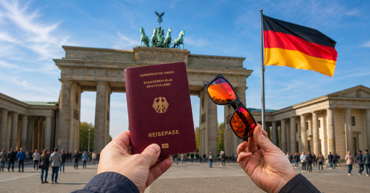Ein deutscher Reisepass und die VisionDrive Nachtfahrbrille mit bernsteinfarbenen Gläsern vor dem Brandenburger Tor und der deutschen Flagge